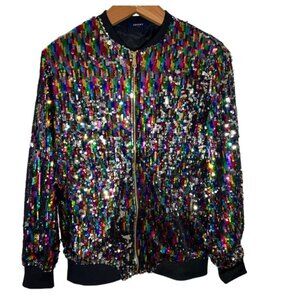 Full Sequin Bomber Jacket Stretchy Rainbow Sparkly Festival Party Event Size 3X